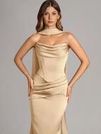 Azazie Sorrel Corset Lace-up Mermaid Wedding Guest Evening Luminous Satin Maxi Dress Minimalist