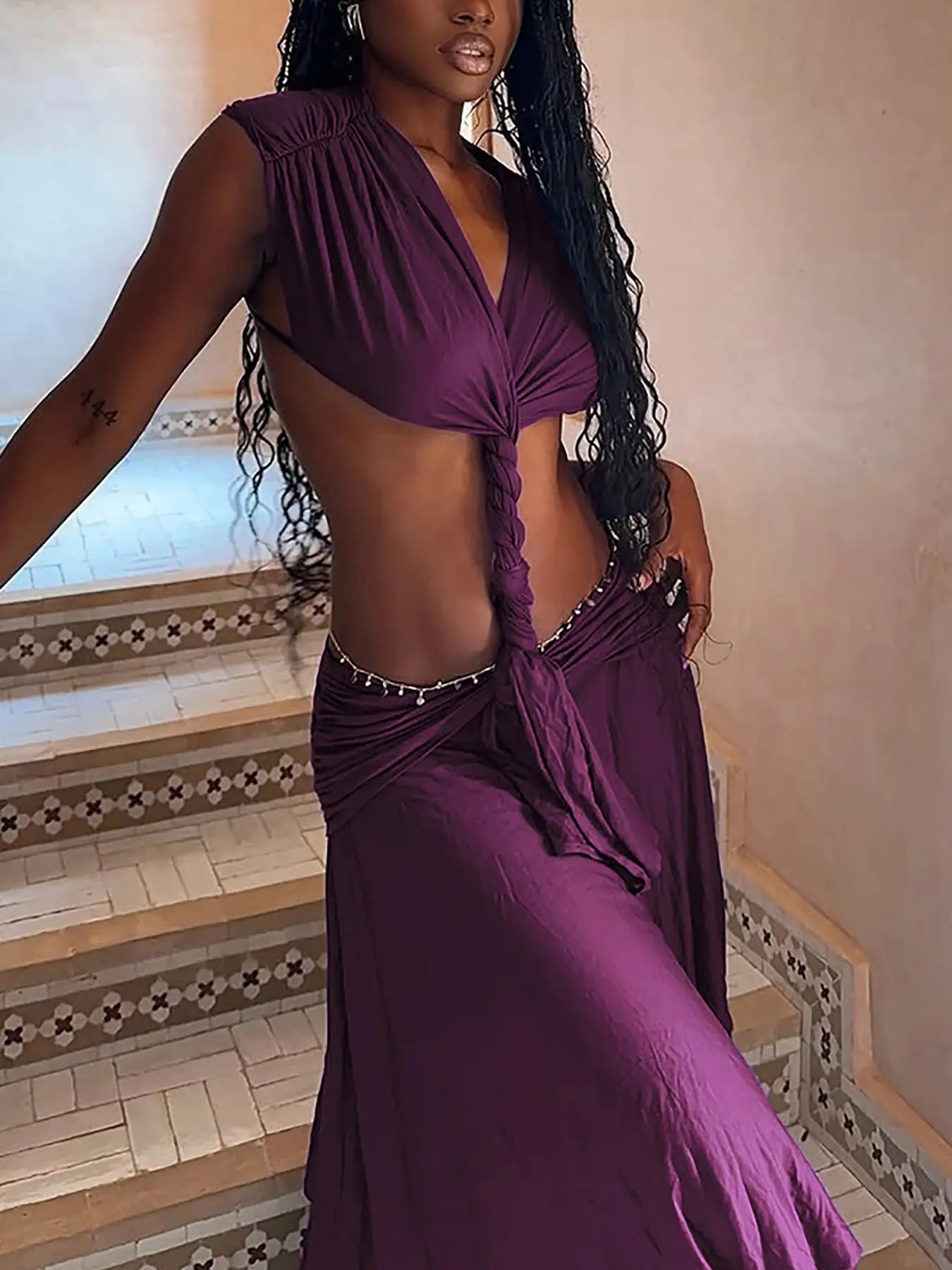 Women's Fashion Solid Color Sexy Sleeveless Low Cut V Neck Dress, Backless Design Party Long Dresses, Cocktail Bodycon Evening Dress, Vacation Casual Lady Clothing Womenswear for Spring Summer New