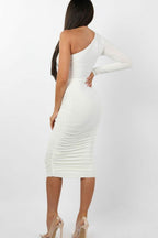 One Shoulder Ruched Slinky Midi Dress