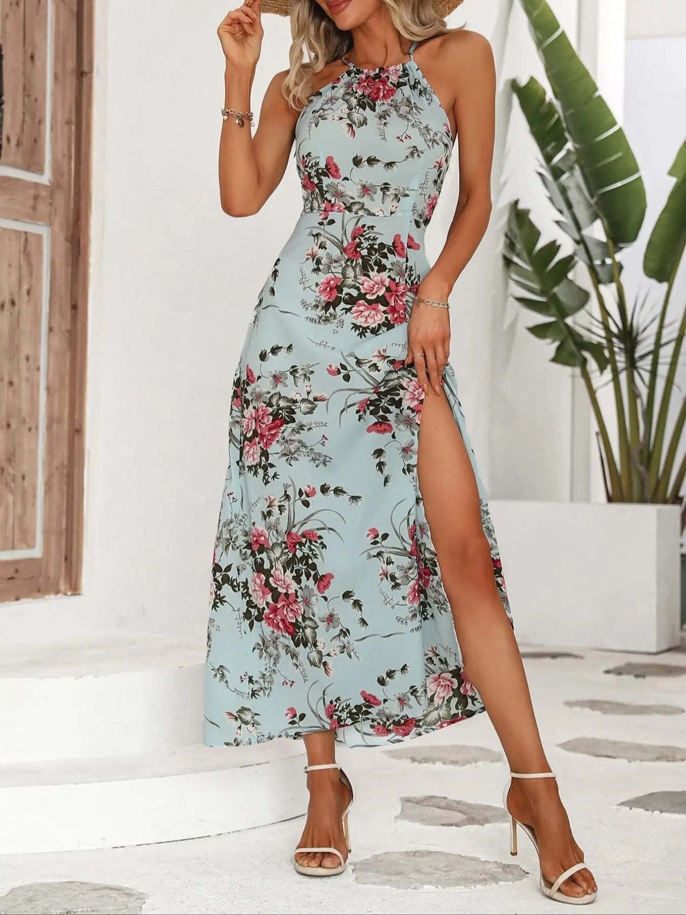 Women's Floral Print Split Thigh Halter Dress, Elegant Chic Boho Style Tie Back Design Long Dress for Spring Summer Fall, Bohemian