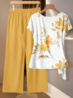 Women's Tie Bow Blouse And Loose Straight Leg Pants 2 Pieces Set,Casual Tropical,Summer Outfits For Women Vacation White Floral Light Yellow