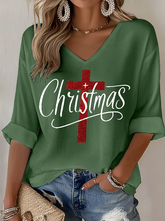 Women's Christmas Faith Print Waffle Long Sleeve T-Shirt