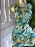 Women's Printed Ruched Stacked Bodycon Fitted A-Line Long Evening Dress, Fall Winter Holiday Party Gown, Elegant Chic Formal Party Wear, Prom Evening Gown, Bodycon Sleeveless Dress