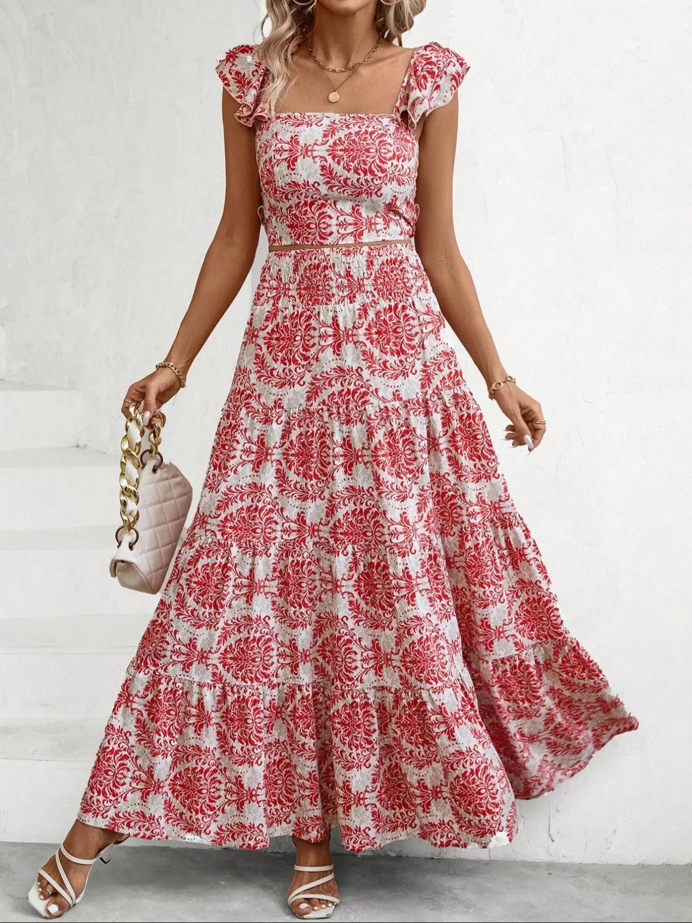 Women's Ethnic Pattern Butterfly-Sleeve Fitted Crop Top & Shirred High Waist A-Line Skirt Set Outfit, Womenswear Summer Boho Bohemian Elegant Square-Neck Top & Ruffle-Hem Long Skirt for Beach Vacations and Holidays Woven Fabric