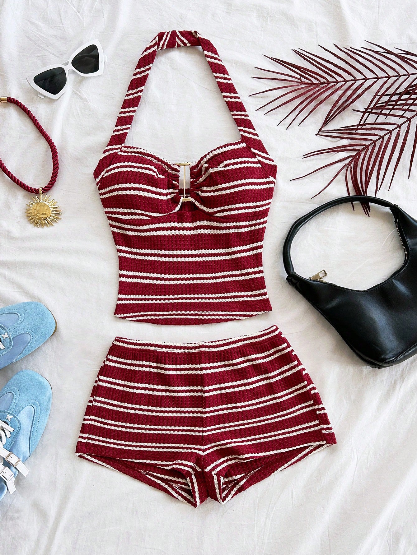 Soleia Women's Vacation Striped Halter Top And Shorts Casual 2 Pieces Set