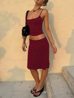 Women's Casual Fitted Solid Color Camisole And Skirt Basic Street Style Vacation Everyday 2-Piece Set Black Summer Elegant