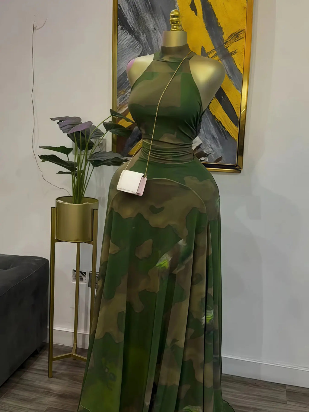 Women's O-Neck Sleeveless Stacked A-line Maxi Dress, Elegant Romantic Dress, Autumn Party Gown, Beach Evening Dress, Printed Long Dress for Birthdays, Jellyfish Camouflage Printed with Sashes Floor Length Dresses
