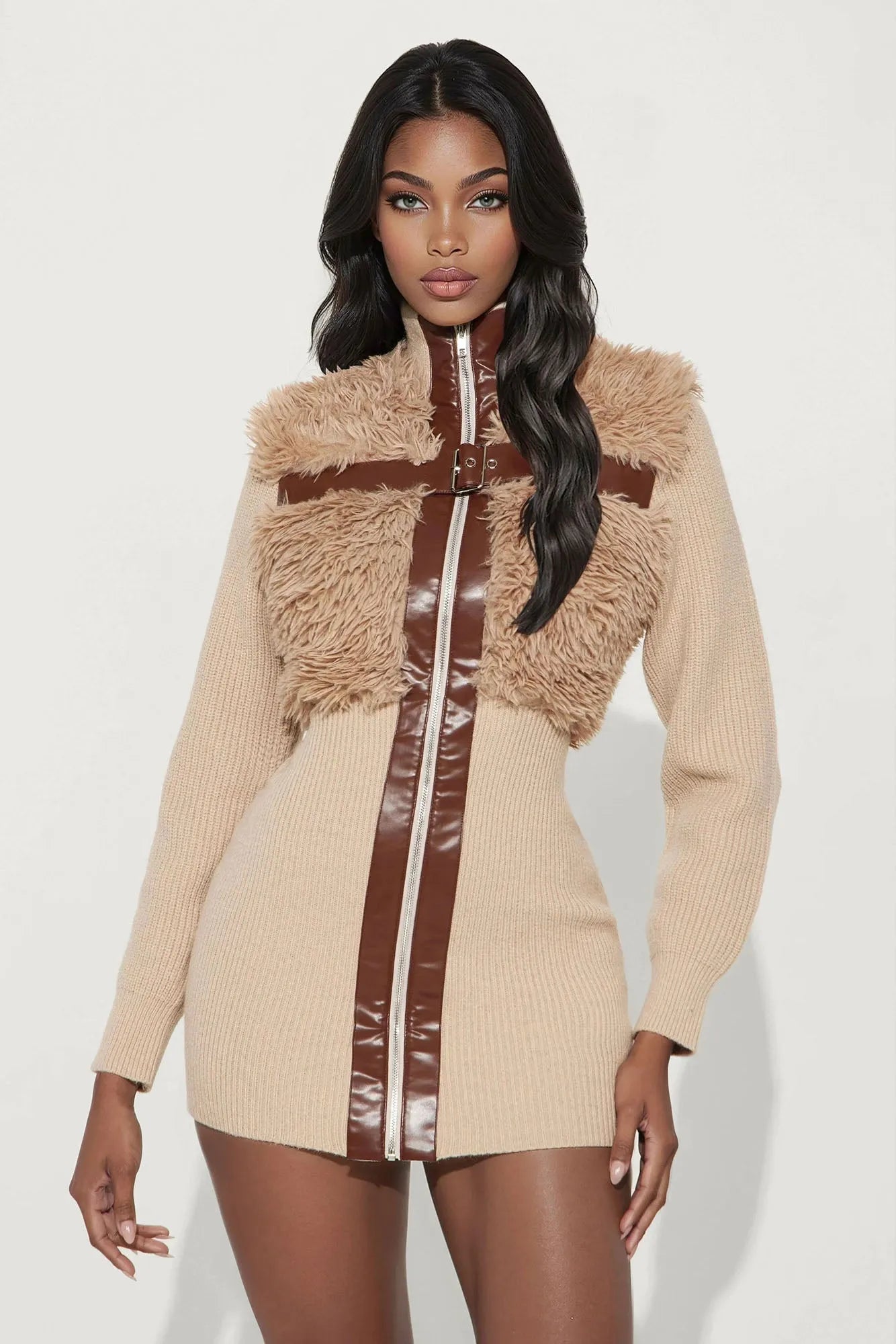 Maxine Fur Trim Sweater Mini Dress - Taupe