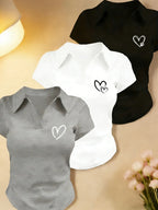 Women's 3 Pack Heart Graphic Polo Shirts, Short Sleeve V Neck Slim Fit Crop Tops, Soft Stretchy Y2K Aesthetic Tees, Casual Going Out Daily Wear for Teens, Juniors & Young Adults