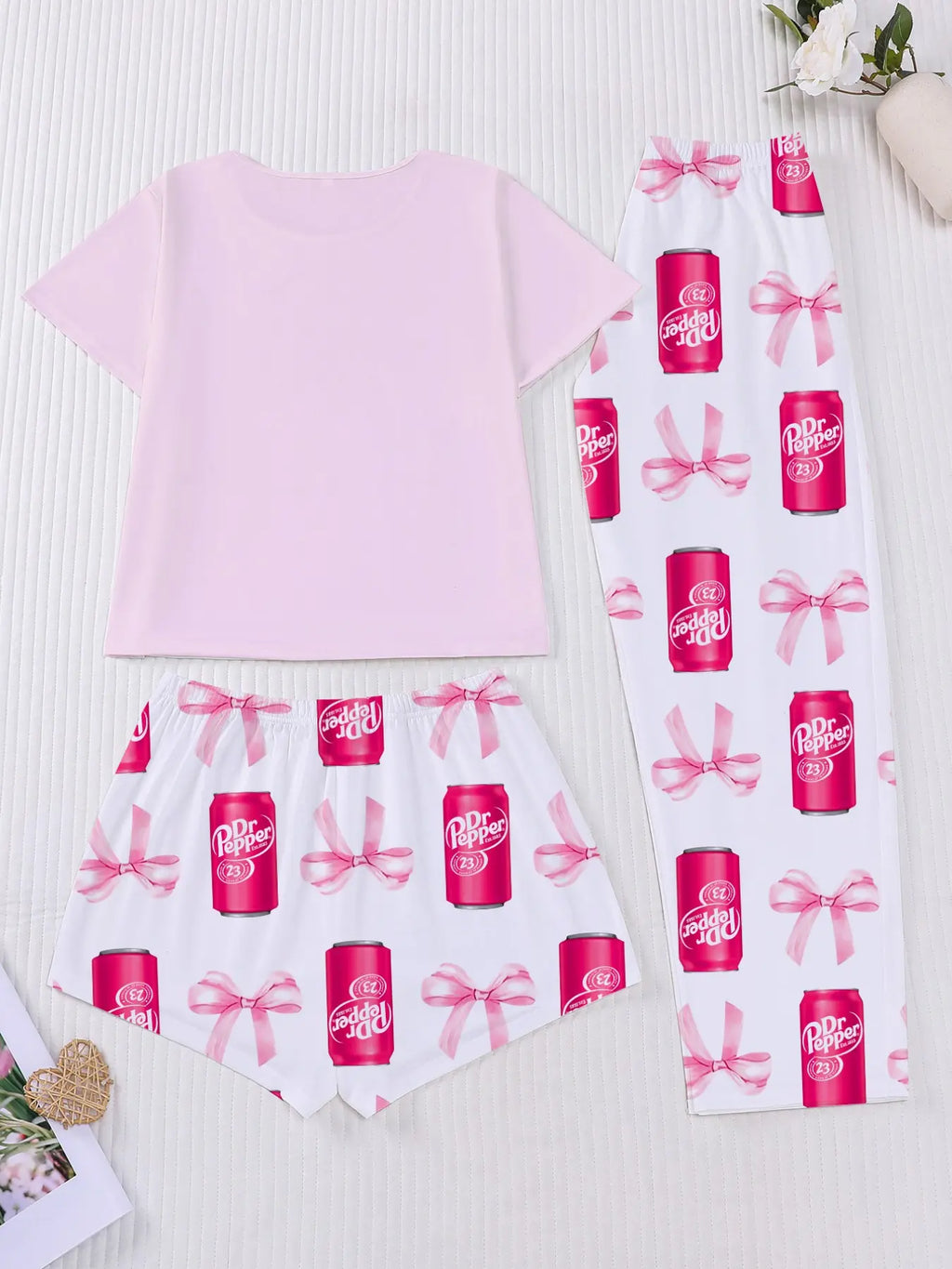 3-Piece Casual Sleepwear Set Pajamas Loungewear for Women Lady with Bow Print