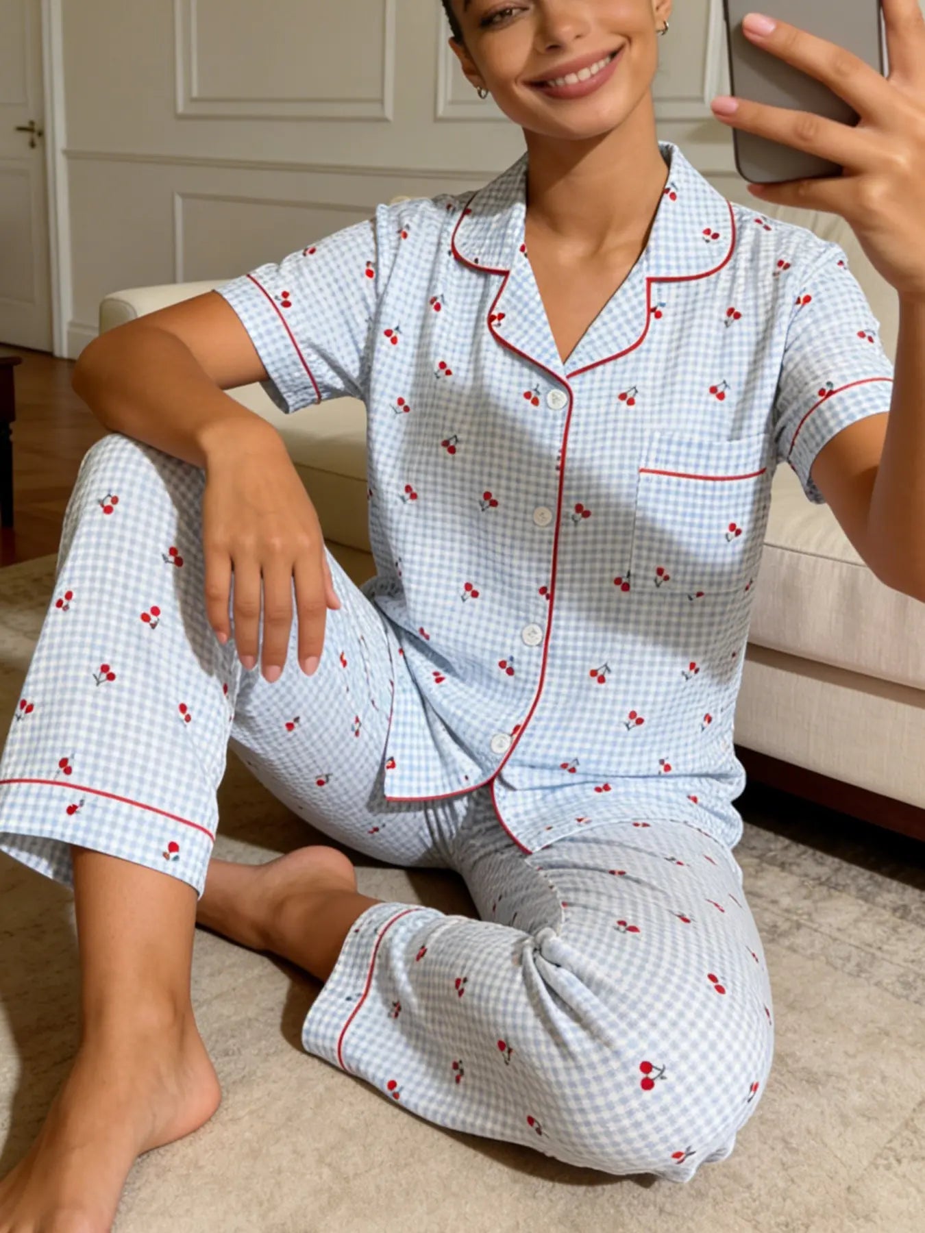 Women's Short Sleeve Long Pants Cardigan Pajama Set