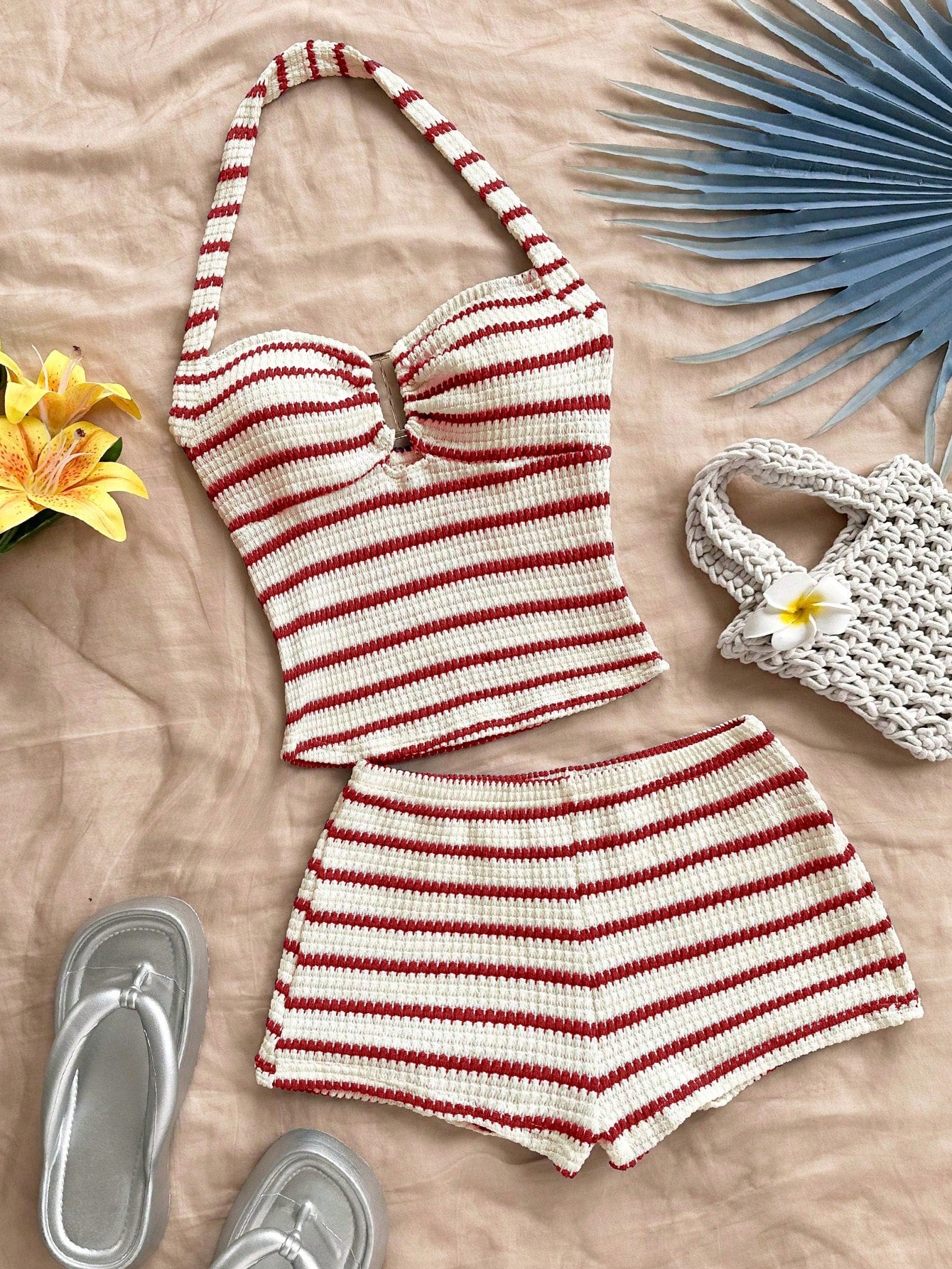 Soleia Women's Vacation Striped Halter Top And Shorts Casual 2 Pieces Set