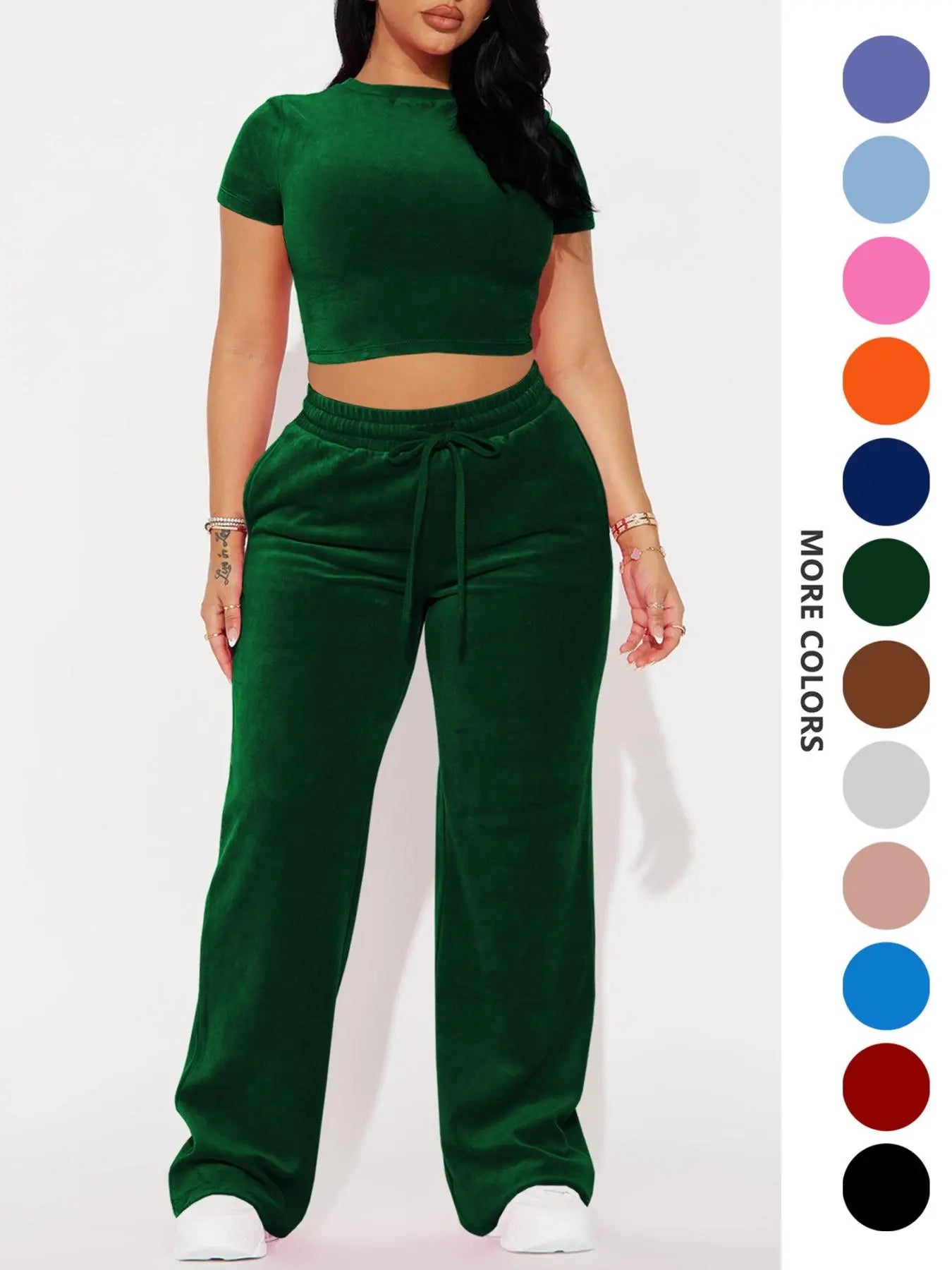Two-piece Set Women's Solid Crop Tee & Drawstring Waist Pants Velvet Set, Casual Short Sleeve Round Neck T-shirt & Elastic Waist Trousers, Ladies Summer Clothes, Casual Matching Set