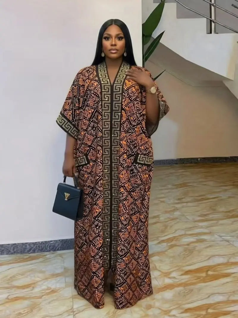 Plus Size African-Style Kaftan Dress for Women, Geometric Print Ethnic Loose V-Neck Boubou with Pockets for Casual Boho Chic Party Wear, Comfortable and Stylish