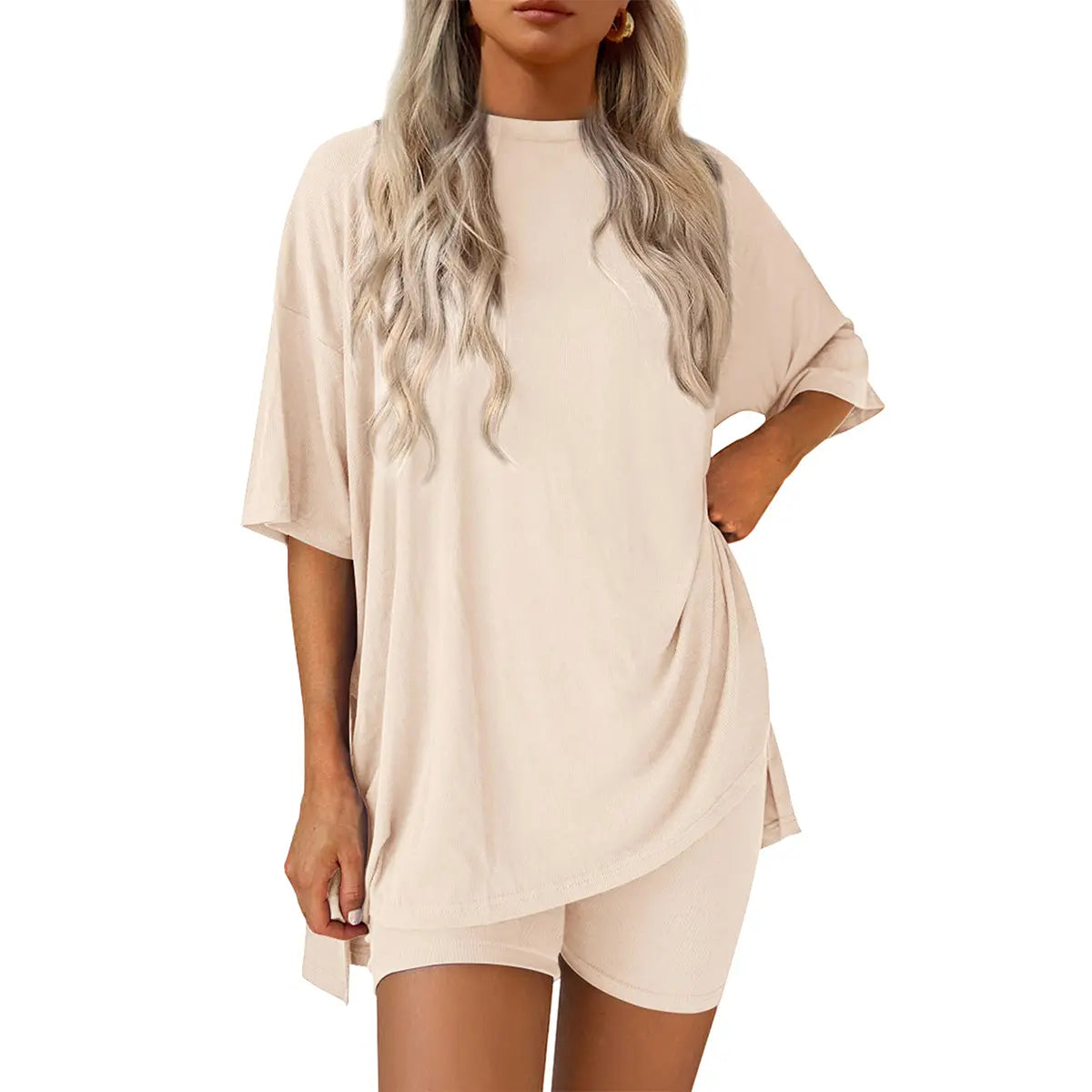 Women Summer  Casual Oversized  Split Hem Shirts & Side Pocket Biker Shorts