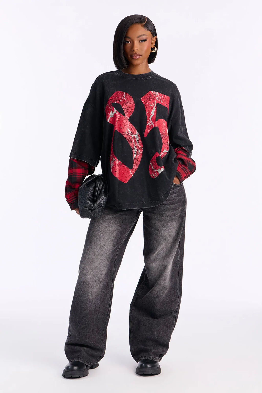 After Party 85 Plaid Crew Neck Twofer Tshirt - Red/combo