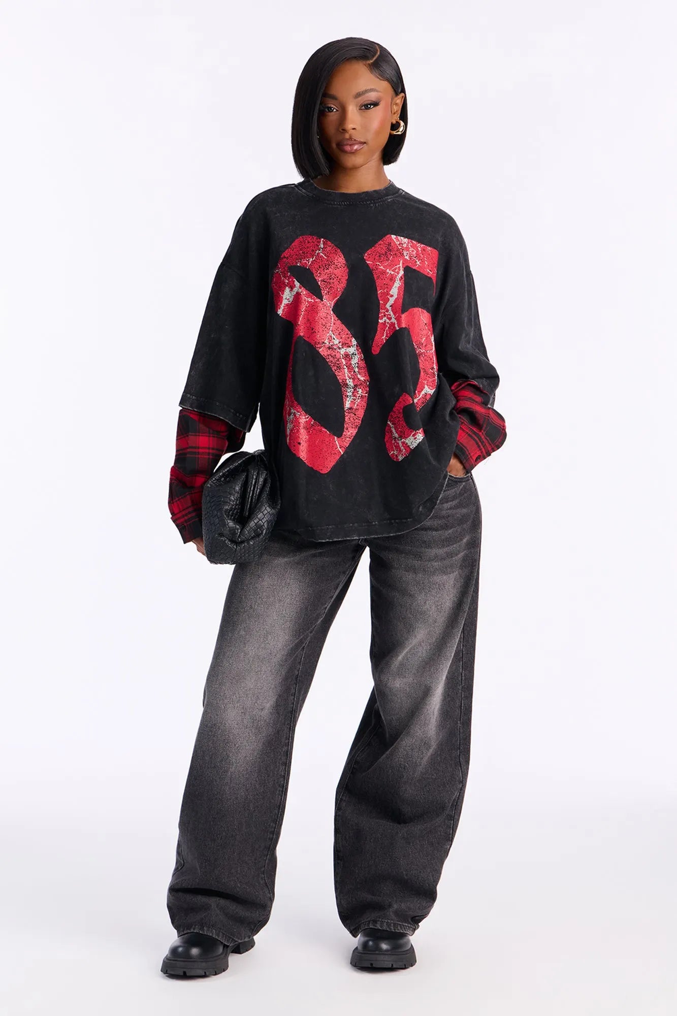 After Party 85 Plaid Crew Neck Twofer Tshirt - Red/combo