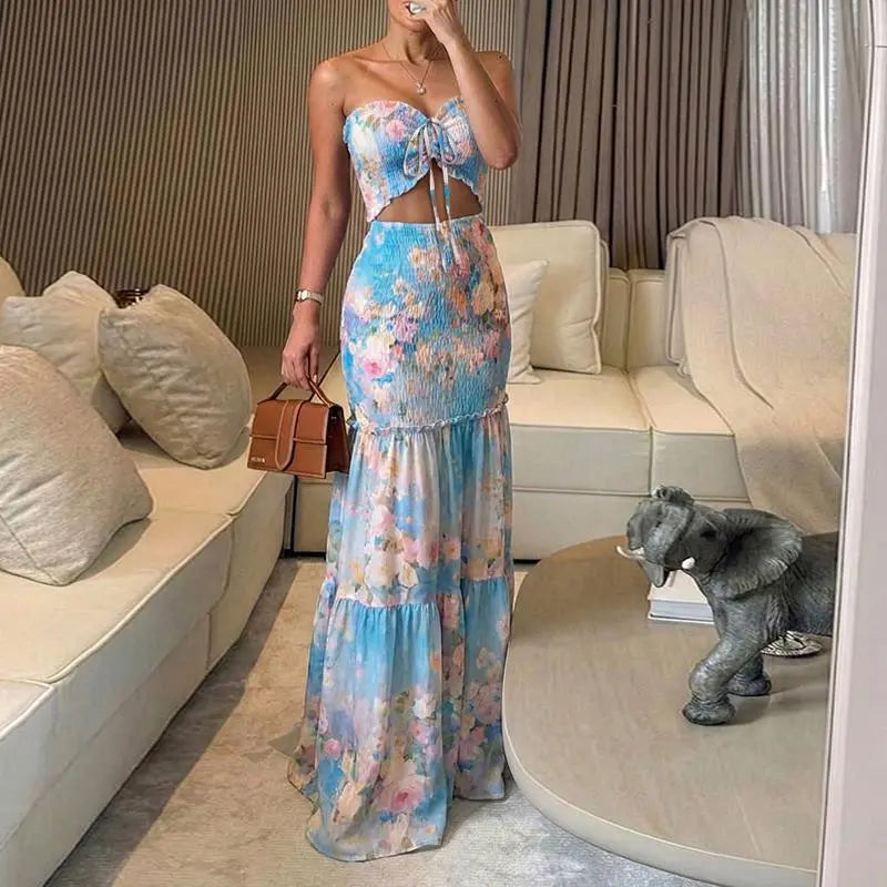 ChicMe Women's Tropical Floral Print Smocked Maxi Dress Ruched Bandeau Cutout Summer Vacation Dress Elegant Shirred Ruffle Hem Mermaid Beach Dress/Summer Dress/Seaside Vacation Sleeveless Skirt