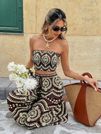 Frenchy Women's Blue And White Plant Print Cropped Tube Top & Wide Leg Pants 2 Pieces Set,Boho Summer Holiday Vacation Holiday Beach Bohemian Outfits Suit