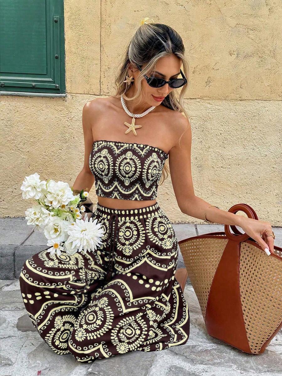 Frenchy Women's Blue And White Plant Print Cropped Tube Top & Wide Leg Pants 2 Pieces Set,Boho Summer Holiday Vacation Holiday Beach Bohemian Outfits Suit