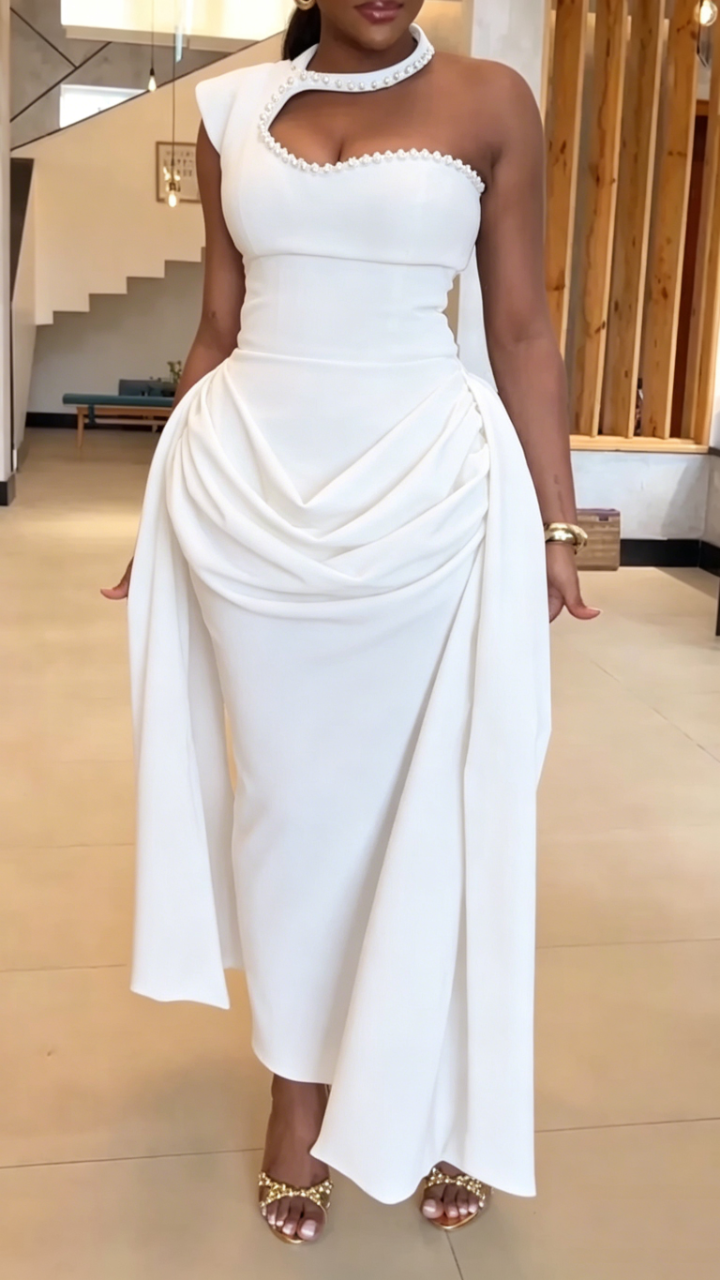 Women Neck Hanging Nail Bead Shoulder Splicing Elegant Temperament Dinner Party Style Dress