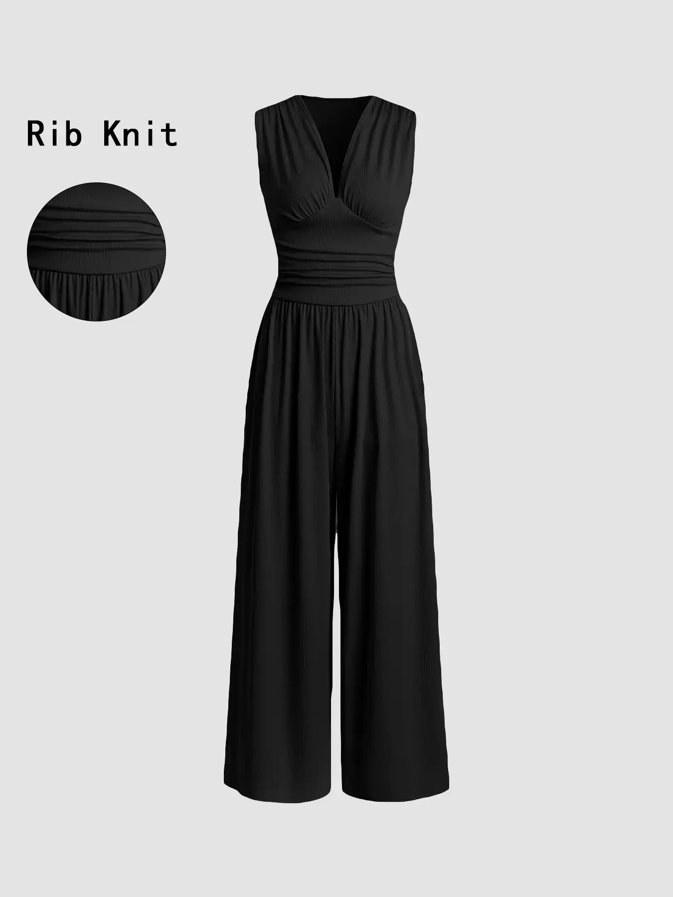 Women's Plain Ruched Deep V Neck Wide Leg Jumpsuit, Sleeveless Ribbed Jumpsuit for Daily Wear, Ladies Clothes for All Seasons, Casual Basic Jumpsuit, Casual Jumpsuits
