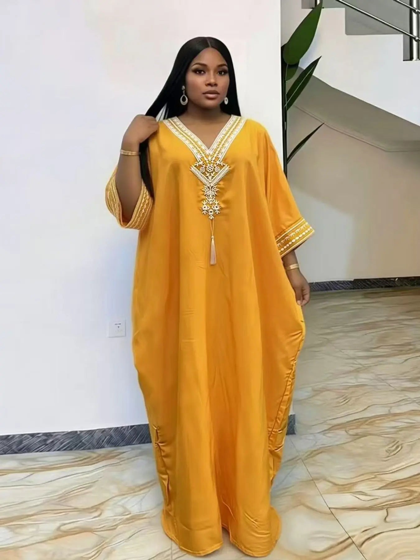 Women's Summer Solid Color Embroidered Fringe Caftan Casual Dress with Pockets and Side Slit