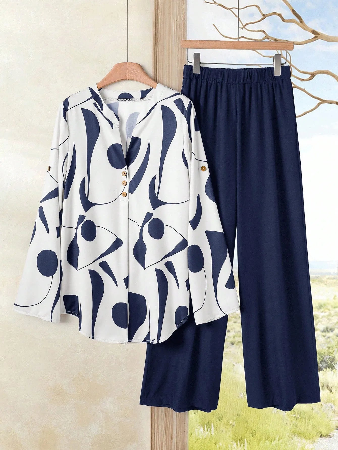 2pcs Women Contrast Color Print Shirt And Pants Set Old Money Style Business Casual Woman Blouse Sets For Ladies Two Piece