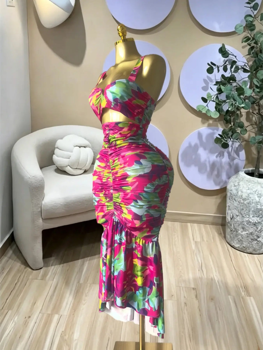 Elegant Women's Tropical Floral Print Cut Out Ruched MIdi Prom Dress, Summer Birthday Party Outfit Club Cocktail Gown, Lady Casual Skirt,Female Brunch Dresses,Graduation Dresses
