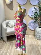 Elegant Women's Tropical Floral Print Cut Out Ruched MIdi Prom Dress, Summer Birthday Party Outfit Club Cocktail Gown, Lady Casual Skirt,Female Brunch Dresses,Graduation Dresses