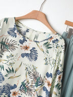 Women Tropical Plant Print Long Sleeve Shirt And Pants Casual 2 Pieces Set Women's Vacation Floral Asymmetrical Hem & Streetwear Linen Clothes
