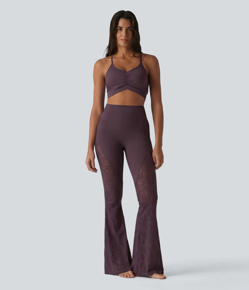 UltraSculptTM High Waisted Tummy Control Contrast Lace Yoga Flare Leggings with Pocket