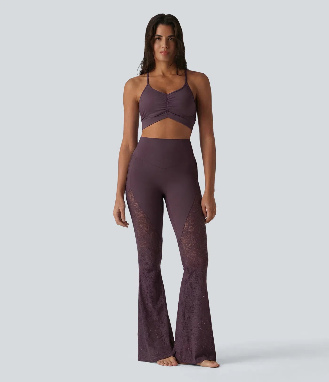 UltraSculptTM High Waisted Tummy Control Contrast Lace Yoga Flare Leggings with Pocket