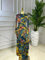 Elegant Feminine Women's Printed O-Neck Long Sleeve Ruffled Satin Belted Long Prom Dress, Club Sexy Evening Party Outfit Gown, Formal Wear, Female Fashion Music Festival Dress,Romantic Lady Skirt,Graduation Season Dress