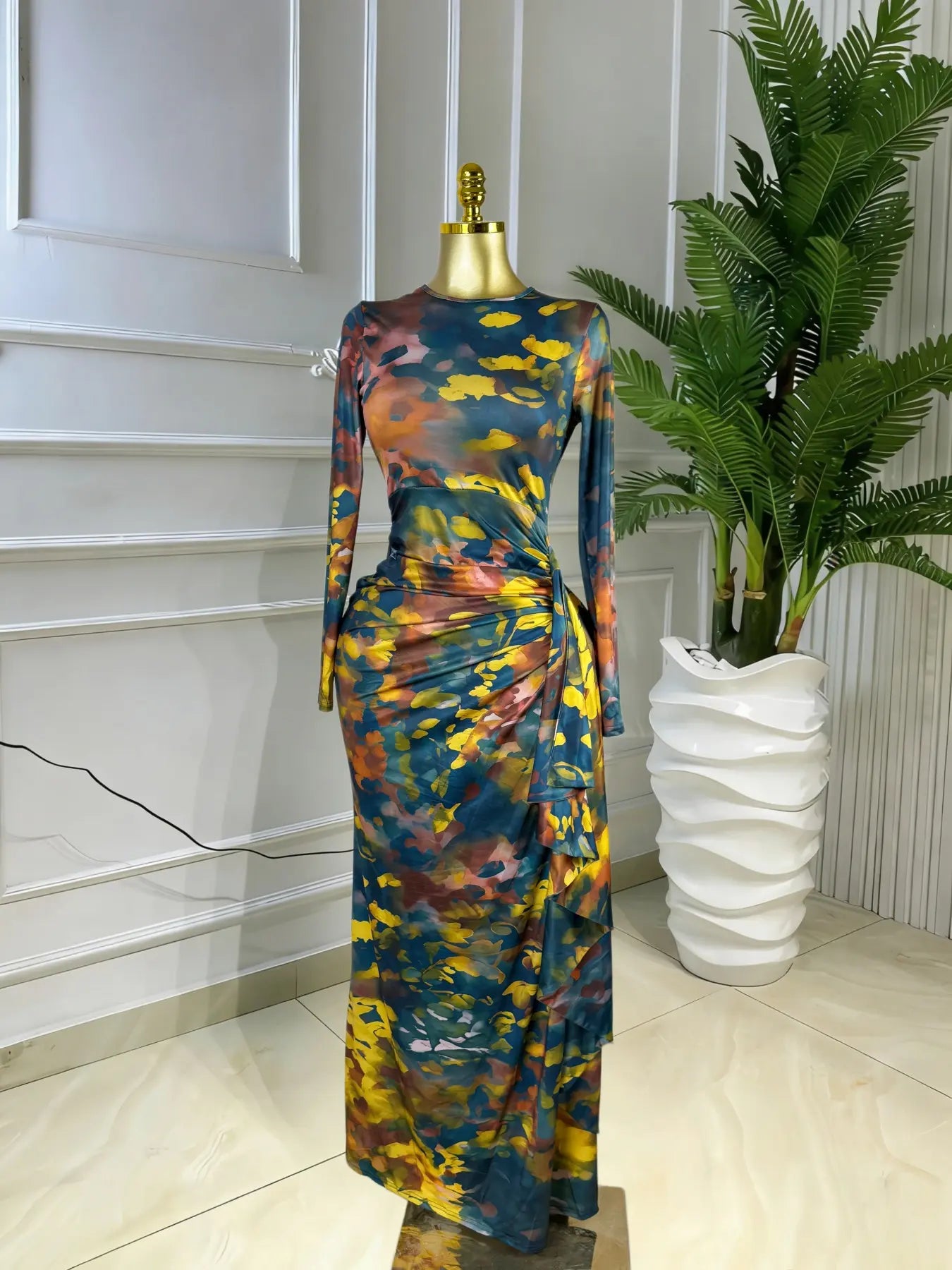 Elegant Feminine Women's Printed O-Neck Long Sleeve Ruffled Satin Belted Long Prom Dress, Club Sexy Evening Party Outfit Gown, Formal Wear, Female Fashion Music Festival Dress,Romantic Lady Skirt,Graduation Season Dress