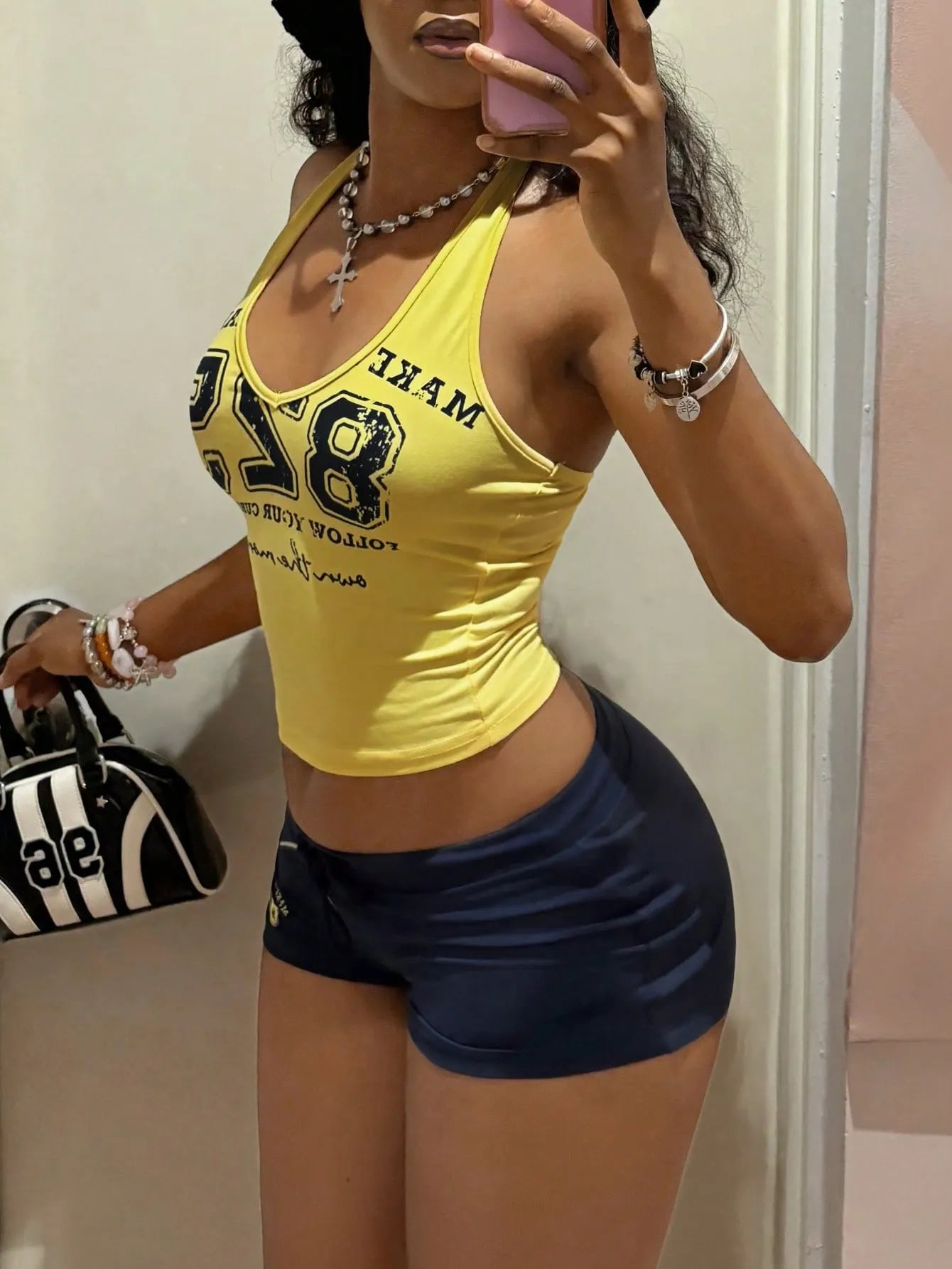 StreetHx Women 2-Piece Set:Yellow Vest Top,Blue Shorts.HypeZone-D Spaghetti Strap Camisole,Letter Print,Slim Fit For Gym,Summer,Y2k,Sports,Beach Outfits