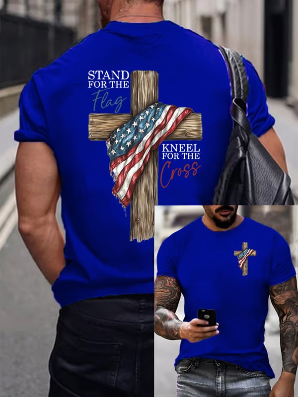 Men's Stand For The Flag Kneel For The Cross Printed Casual T-Shirt