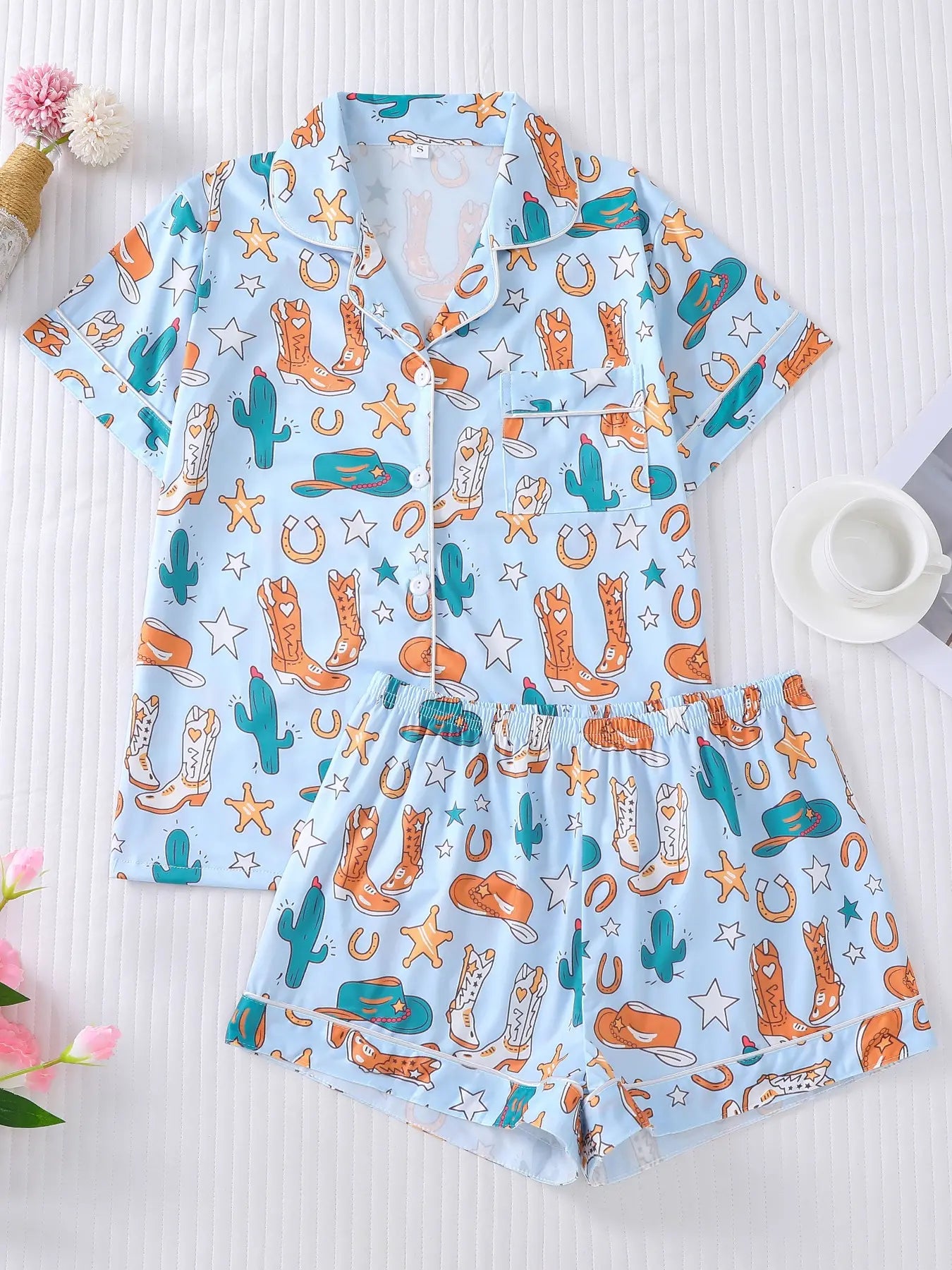 Women's All Over Cowboy Print Lapel Neck Button Front Pajama