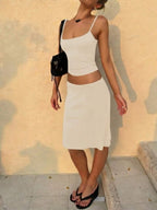 Women's Casual Fitted Solid Color Camisole And Skirt Basic Street Style Vacation Everyday 2-Piece Set Black Summer Elegant