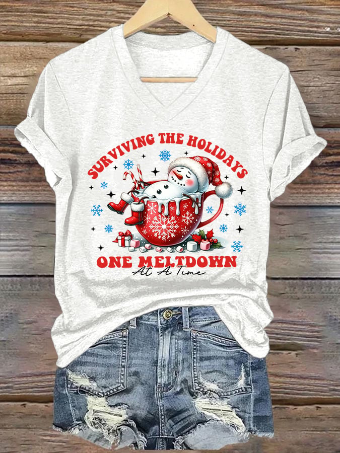 V-Neck Retro Christmas Snowman In Coffee Surviving The Holidays One Meltdown At A Time Print T-Shirt