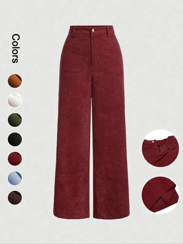 Women's Plain Pocket Button Front Wide Leg Pants, Casual High Waist Trousers for Daily Wear, Ladies Bottoms for All Seasons