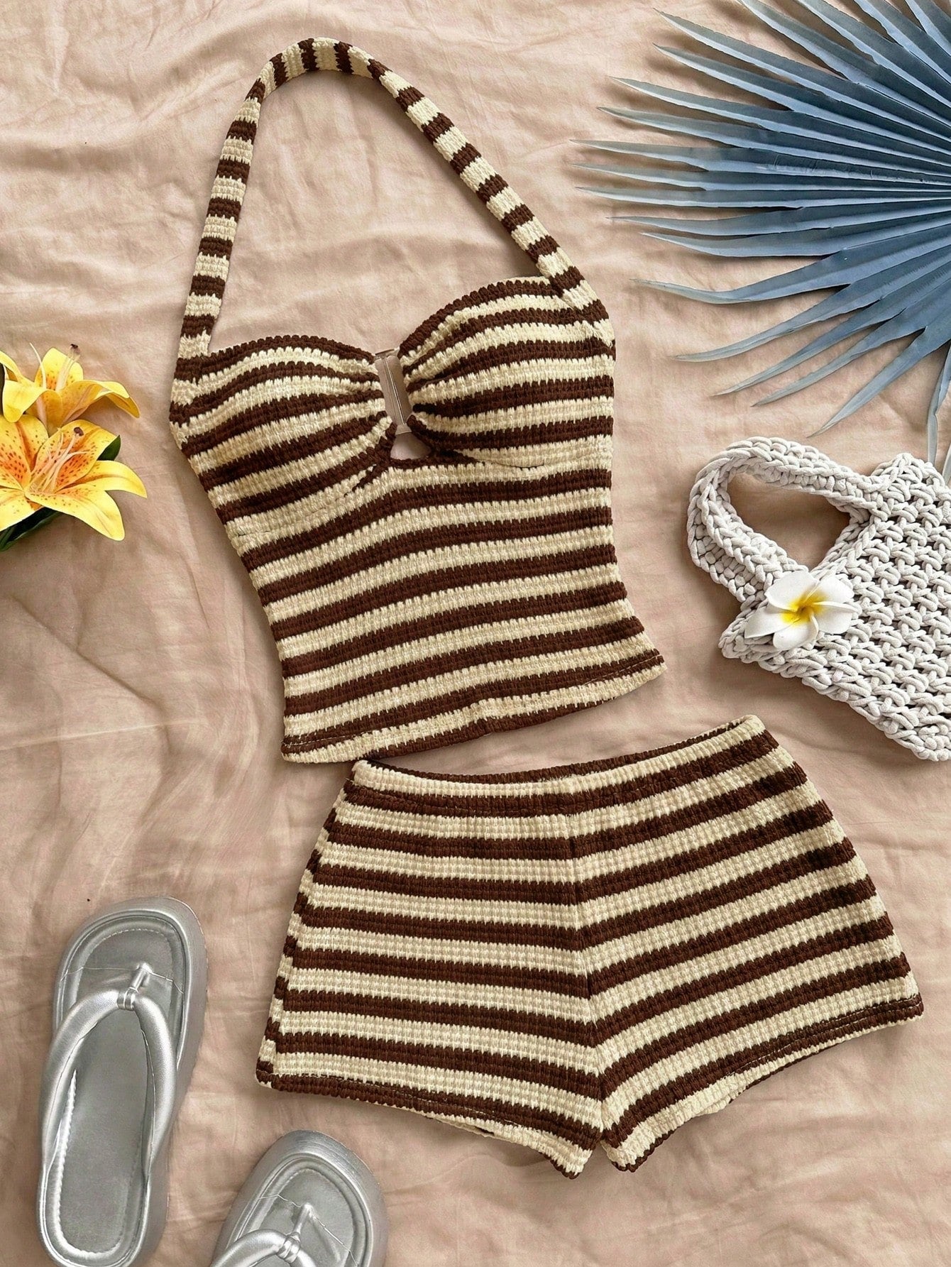 Soleia Women's Vacation Striped Halter Top And Shorts Casual 2 Pieces Set