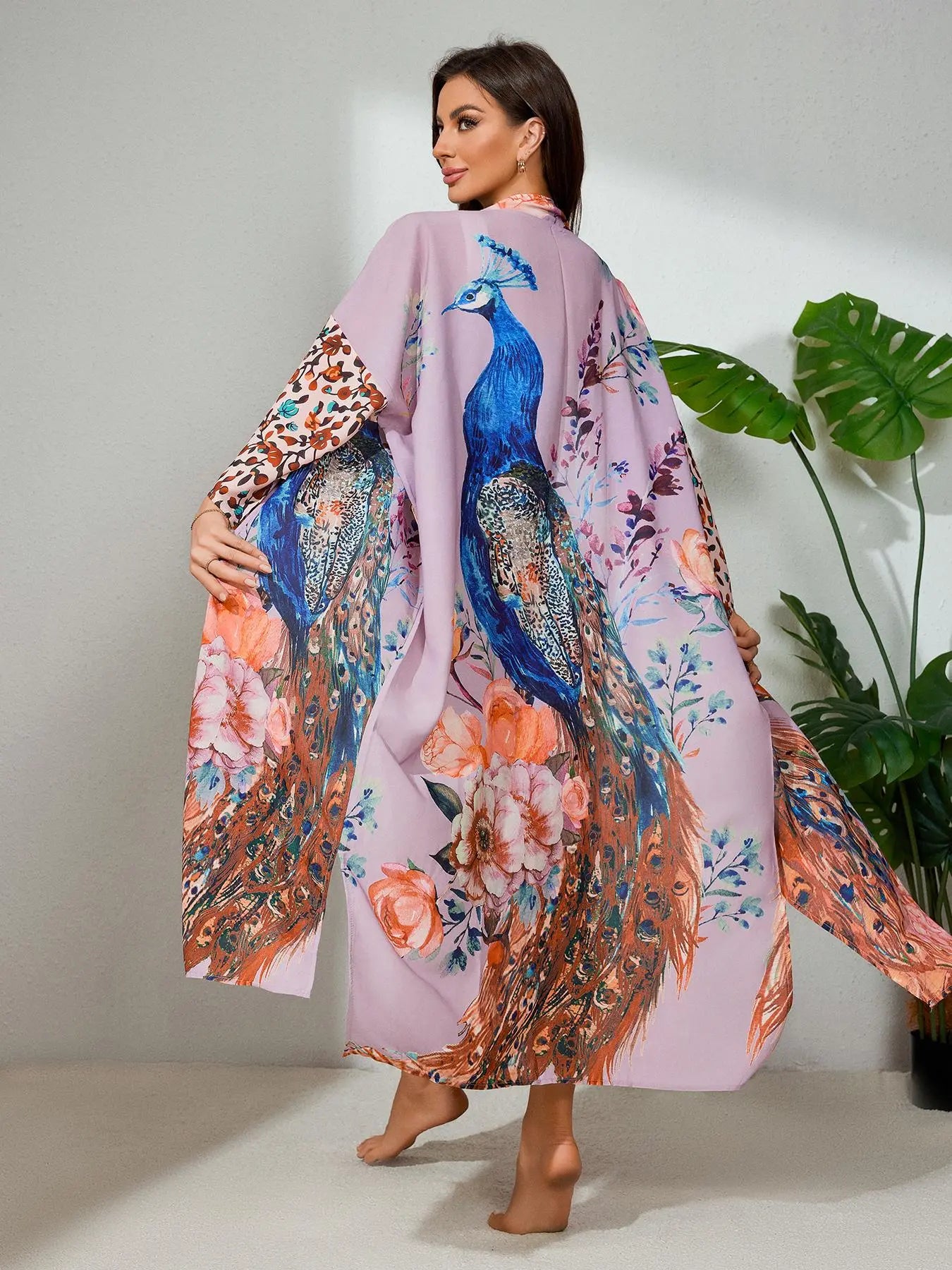 Plus Size Peacock & Floral Print Belted Wrap Kimono Cardigan, Casual Chic Style Split Hem Kimono Cardigan Sleeves, Women's Summer Swimwear for Beach Holiday Vacation