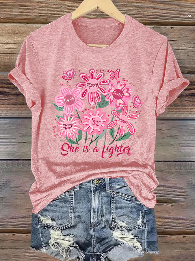 Women'S Casual Short-Sleeve Crew-Neck T-Shirt With Breast Cancer Awareness Print