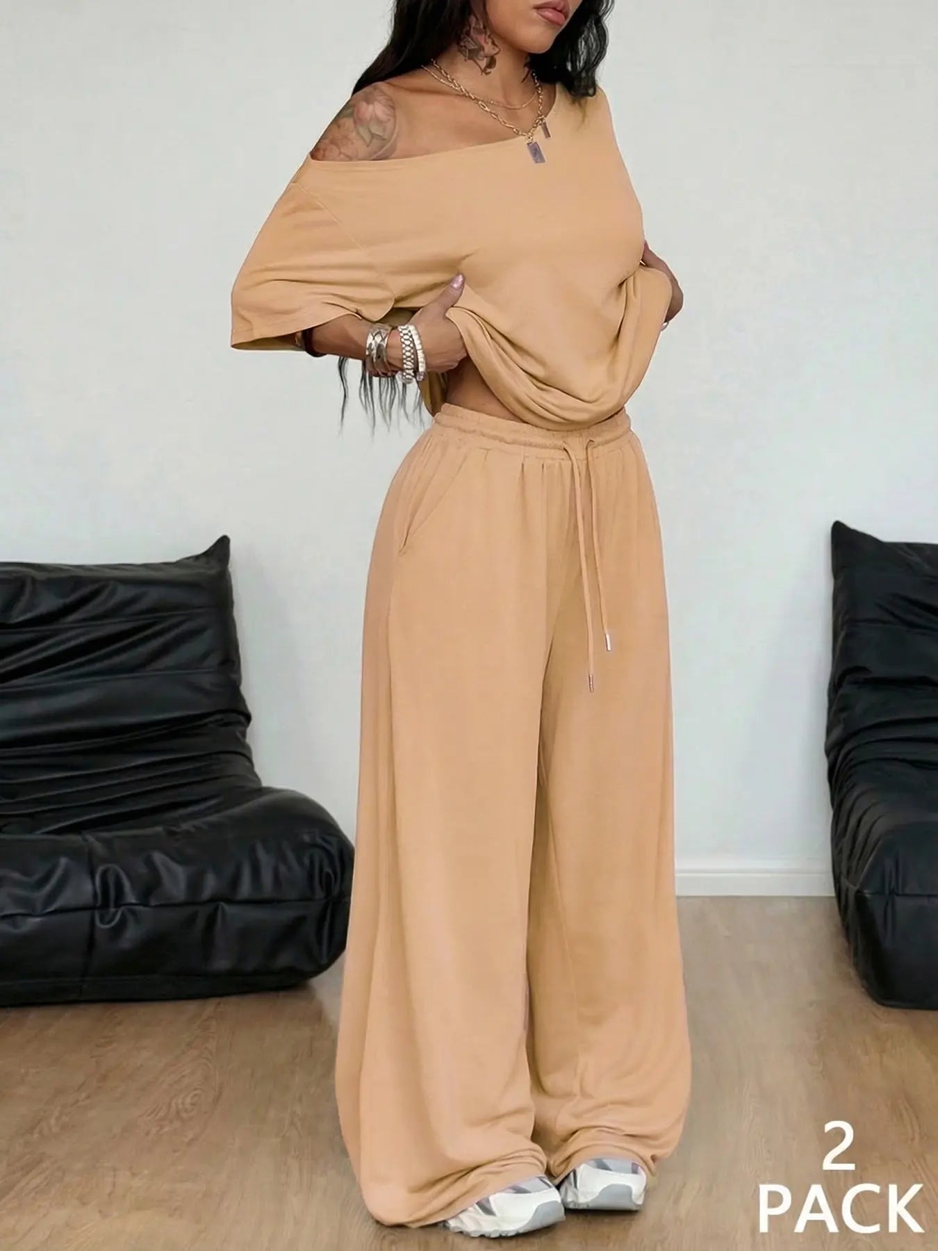 Women's Minimalist Off Shoulder T-Shirt & Wide Leg Pants Set