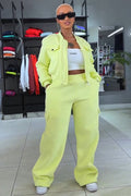 Pockets Crop Jacket Solid Color Straight Leg Pants 2pcs Set-Yellow