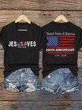 V-Neck Retro Jesus Saves America 250th Anniversary 1776-2026 Print T-Shirt