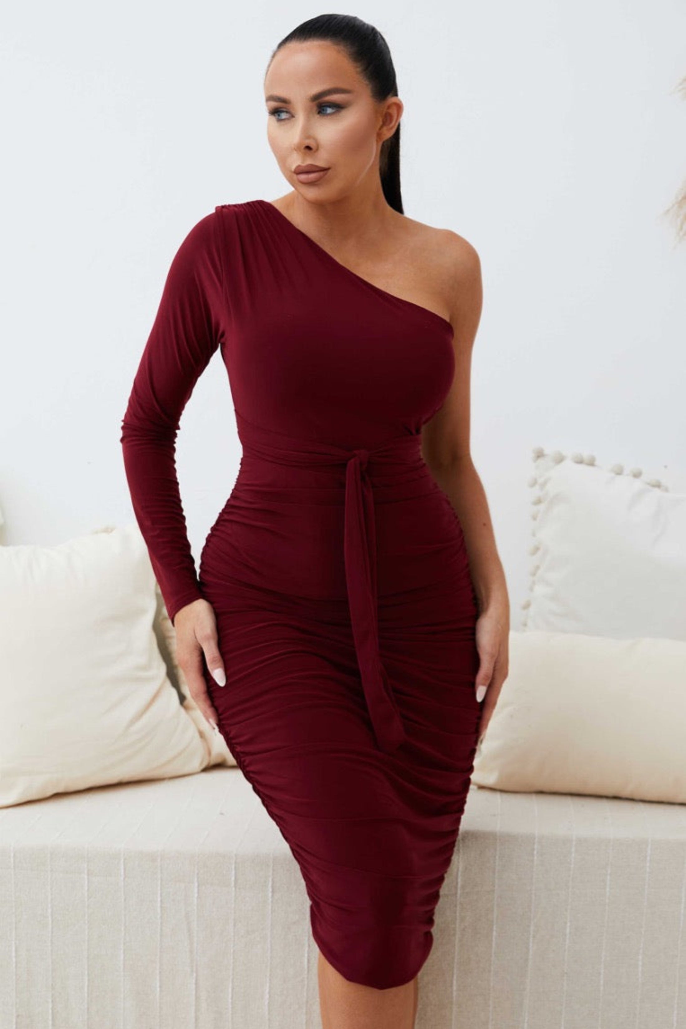 One Shoulder Ruched Slinky Midi Dress