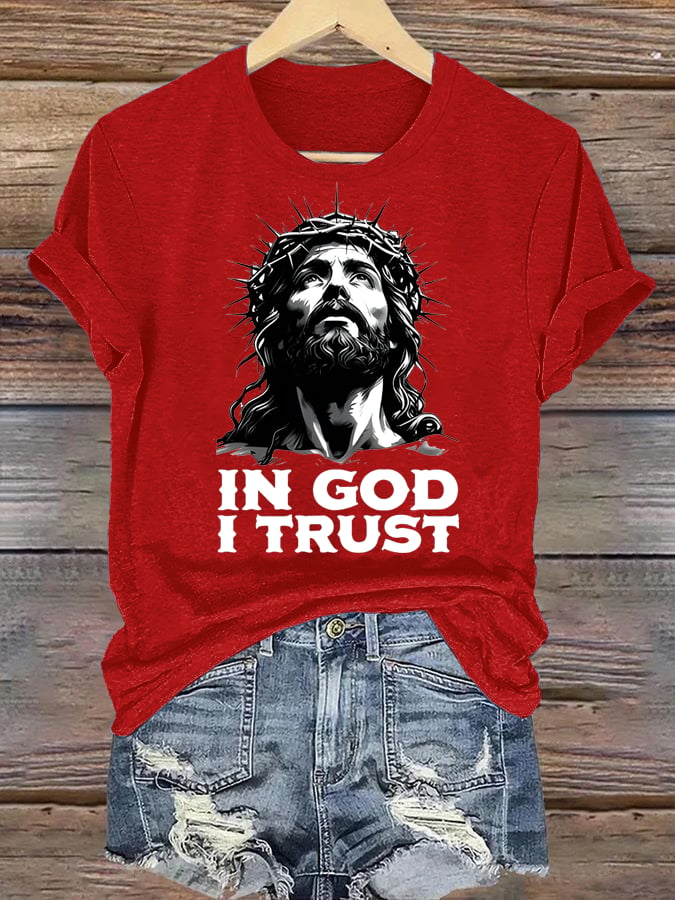 Women's  In God I Trust Christian T-Shirt, Retro Jesus Portrait Graphic Tee, Faith Based Religious Shirt