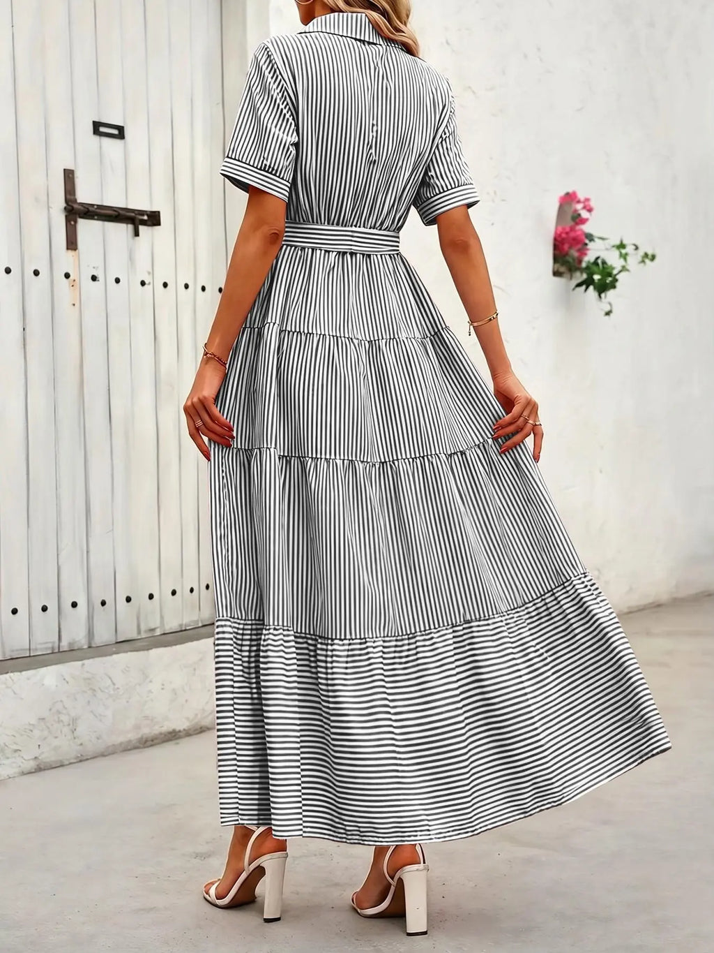 Women's Striped Print Adjustable Belted Button Dress, Elegant Chic Casual Fashion Long Dress for Summer, Breathable Lightweight Dress, Women's Clothing for Daily Wear, Fit, Womenswear, Maxi
